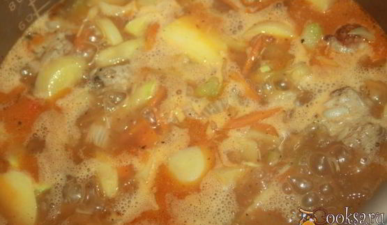 летнее рагу со свининой и зеленым горошком в стручках и свежими овощами