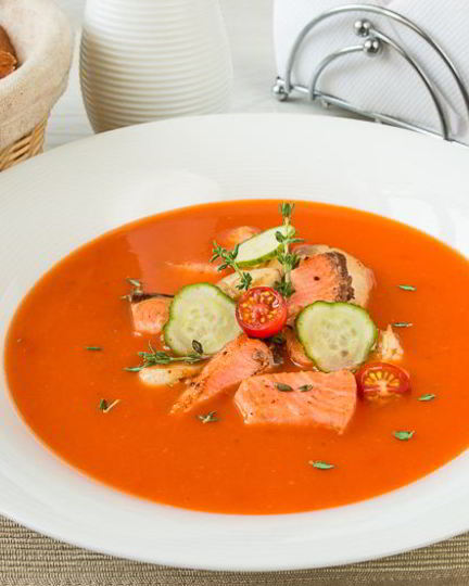 Рецепт томатного супа-пюре с лососем и треской