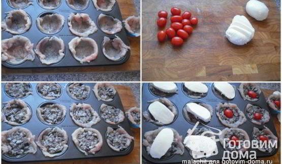 мясные маффины из куриного филе, грибов и сыра моцарелла