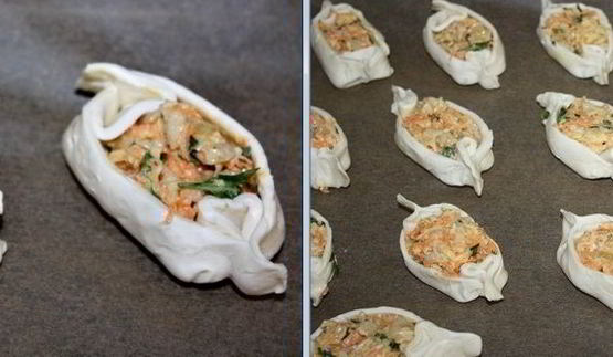 бутерброды из слоеного теста с сыром, курицей и морковью