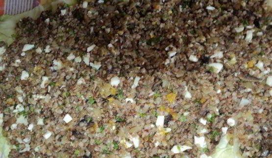 рулет с капустой, гречневой кашей и грибами